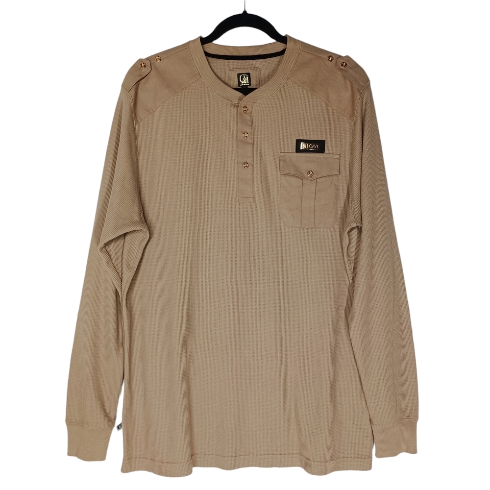 CAVI Tan Military Thermal Henley Slim Fit Long Sleeve Pocket Men's Shirt 3XL